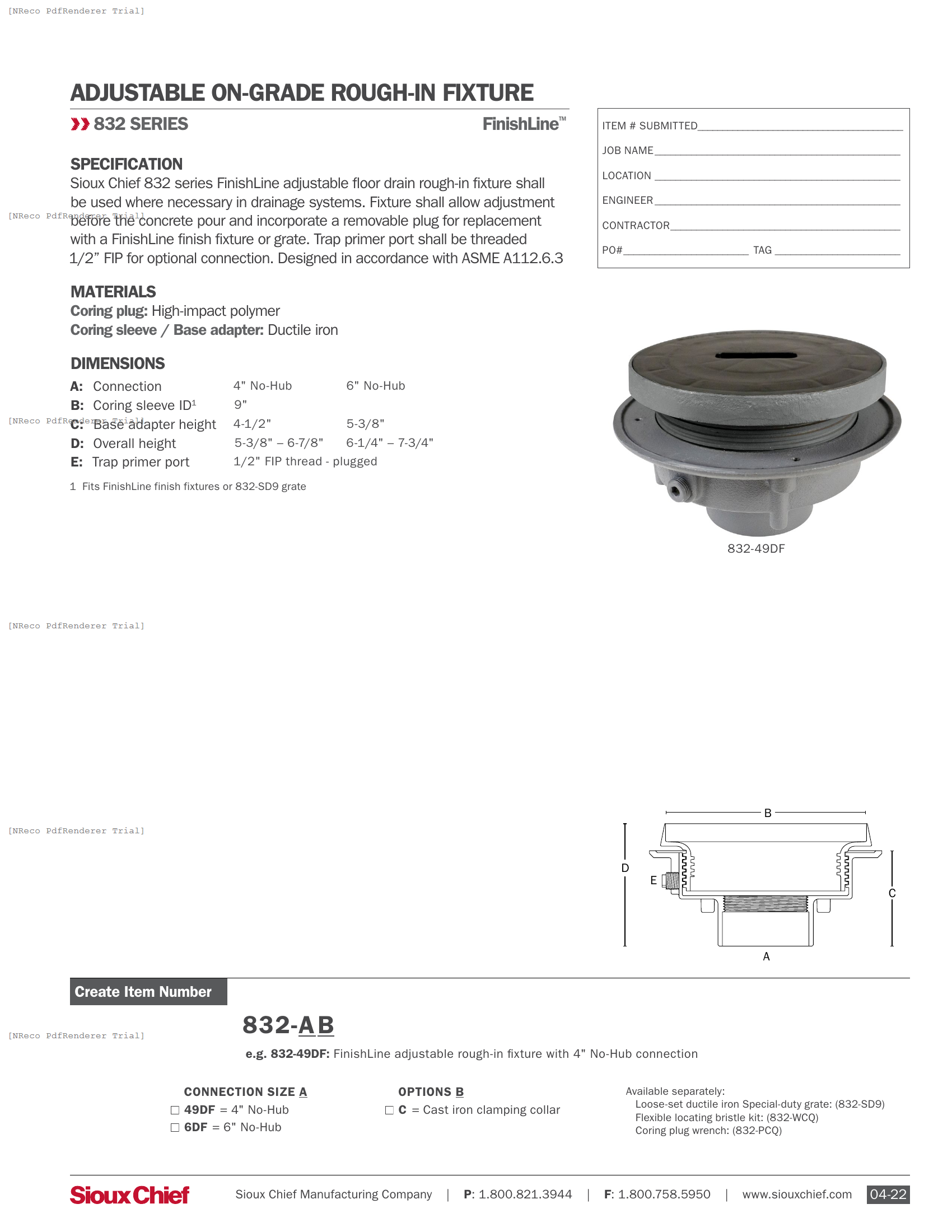 832 SERIES - FINISHLINE ROUGH-IN FIXTURE IRON (XL) - SPEC SHEET.PDF Specification Document